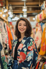 Fototapeta premium A young Japanese woman poses cheerfully in a lively clothing store filled with neatly arranged garments. With a smile that lights up the space, she proudly displays her love for sewing and design,