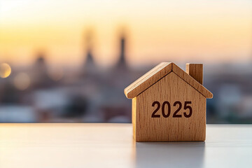 Wooden house model with text 2025 on a table, Real estate new year concept