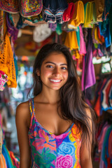 Obraz premium A young Hispanic woman radiates happiness as she poses in a colorful clothing store filled with neatly organized garments. Her joyful expression reflects her passion for sewing and design, showcasing