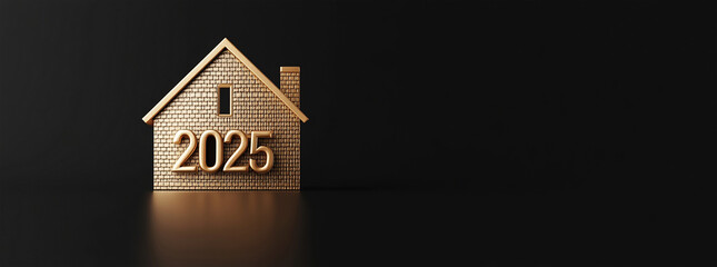 3d gold number 2025 is next to the house on a dark background. new year real estate concept