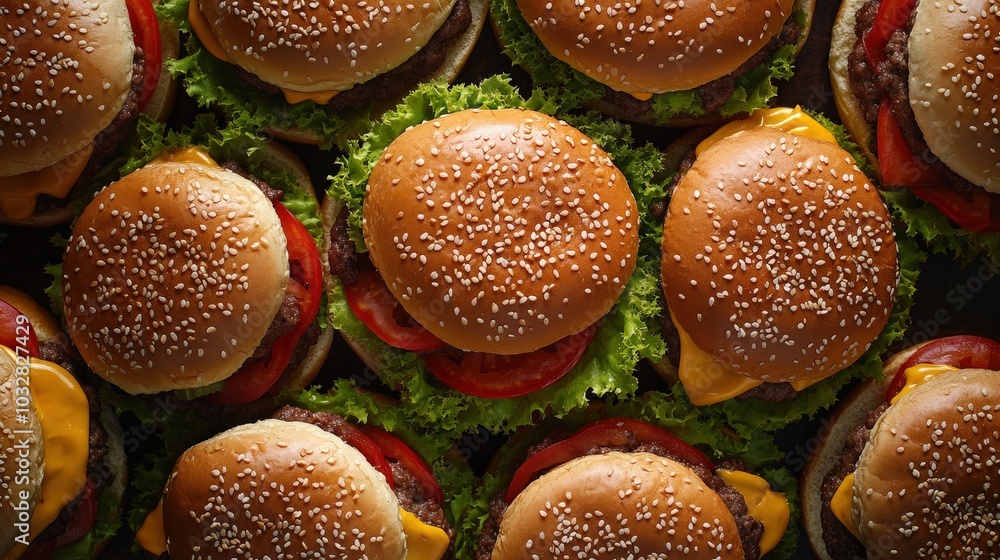 Poster circular burger arrangement from a top-down perspective highlighting shape and texture