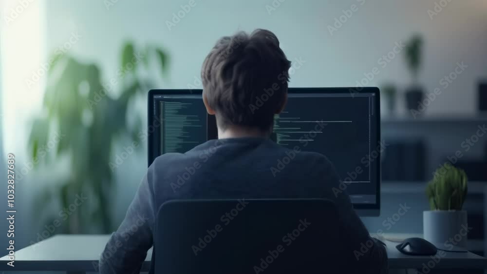 Aufkleber Software developer working late in a dimly lit office, coding on a computer screen with intense focus and determination