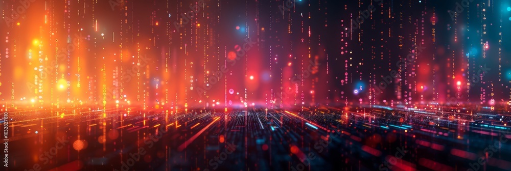 Poster futuristic digital landscape with glowing data streams and particle effects.