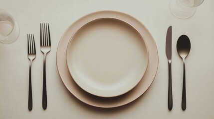A beautifully arranged dinner table featuring minimalist silverware and elegant plates.
