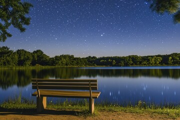 Obraz premium A Wooden Bench Beside a Still Lake Under a Starry Night Sky