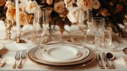 A beautifully arranged table with fine china, glassware, and floral centerpiece.