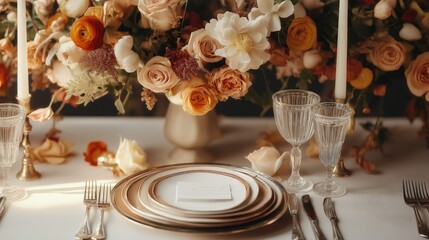 Naklejka premium A beautifully arranged table with floral centerpiece, fine china, and glassware for a special occasion.