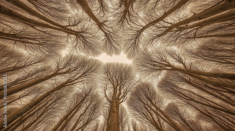 Poster looking up at a canopy of bare trees in a forest with a sliver of sky visible.