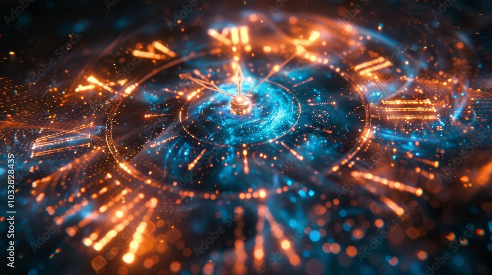 Poster igital glowing clock with roman numerals and particle effects. futuristic time concept.