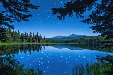 Fototapeta premium A Serene Mountain Lake Reflecting the Night Sky