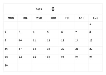 Simple calendar for June 2025, vector, template
