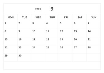 Simple calendar for September 2025, vector, template