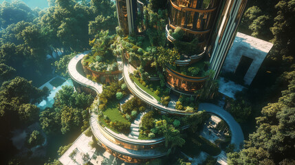 A tall, eco-friendly building with a winding ramp and a green garden.