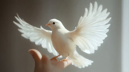 Obraz premium A white bird with outstretched wings perched on a hand, symbolizing peace and freedom.