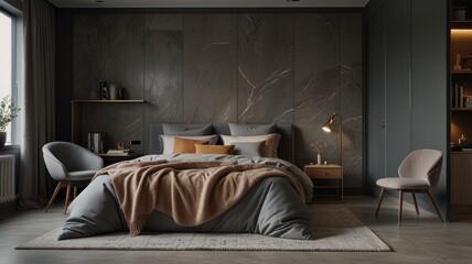 A modern bedroom with a king-size bed, two chairs, a nightstand, and a lamp. The room is decorated in a neutral color scheme with gray walls, a white rug, and brown bedding.