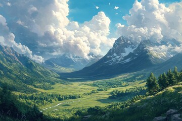 Fototapeta premium A River Winds Through a Verdant Valley, Flanked by Majestic Mountains Under a Sky Filled with Puffy Clouds