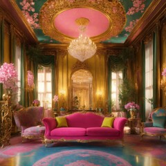 Luxury hotel room, colorful interior, AI generated illustration	