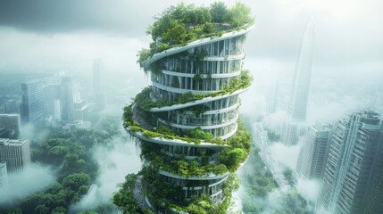 A tall, eco-friendly building with a winding ramp and a green garden.