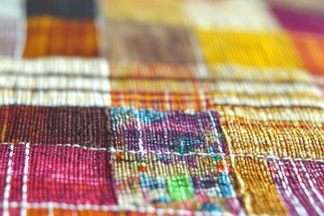 Close-up of a Multicolored Patchwork Fabric with a Distinctive Texture