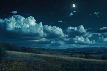 Fototapeta premium A Full Moon Shining Over a Rolling Field and Mountains at Night