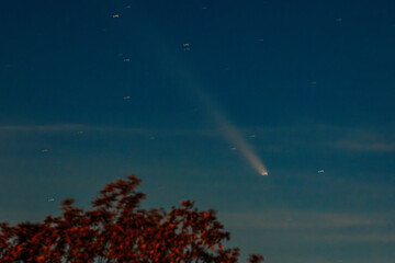 Comet Tsuchinshan-ATLAS shines brightly as it streaks across the night sky with a long glowing...