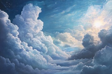 Naklejka premium A Whimsical, Dreamy Sky with Cumulus Clouds, Sunlight, and Stars