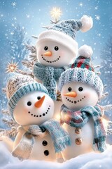 A happy family of snowmen wearing scarves and hats, standing in front of a whimsical, decorated Christmas tree, with a starry sky and snowflakes falling softly. 