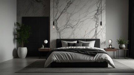 Modern minimalist bedroom with a black and white color scheme, featuring a large bed with white bedding, a marble wall, and a grey carpet.