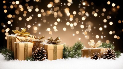 Decorative golden Christmas presents sit beside pine cones, while a warm backdrop of bokeh lights enhances the cheerful spirit, embodying the joy of the holiday season
