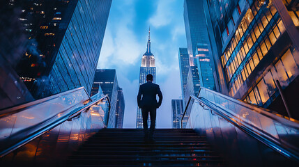 Plakat A businessman stands on a staircase, with a nighttime view of New York's skyscrapers behind him. This image symbolizes success, ambition, and leadership in the business world.