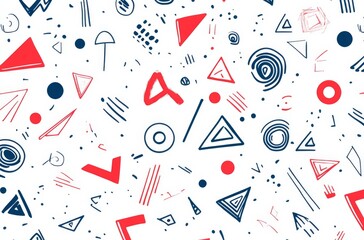   red and blue pattern featuring line drawings of various shapes and symbols, including circles, triangles, squares, wavy lines, and thick straight lines.