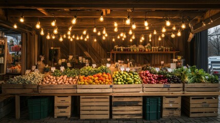 A vibrant market stall filled with fresh fruits and vegetables, illuminated by warm lights.