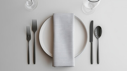 "A menu card mockup displayed on an empty modern minimal table setting in a neutral gray color. The top view showcases space for text, highlighting a Scandinavian style."

