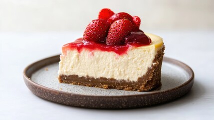 A piece of traditional classic cheesecake with strawberries on white background. Sweet fruit dessert