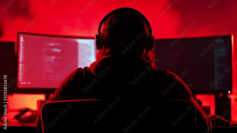 Aufkleber Software developer is working late into the night, illuminated only by the glow of multiple computer monitors displaying lines of code