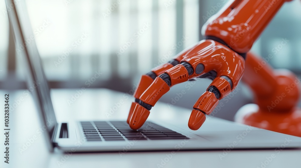 Poster a robotic hand interacts with a laptop, symbolizing the integration of technology and automation in 