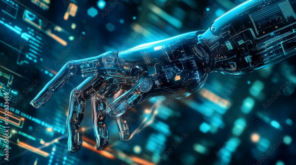 Poster a futuristic robotic hand reaches towards a digital interface, showcasing intricate circuitry and gl