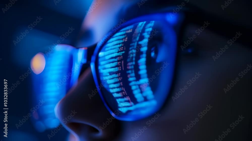 Poster professional woman coding late at night with a futuristic vibe, showcasing her tech skills in cybers
