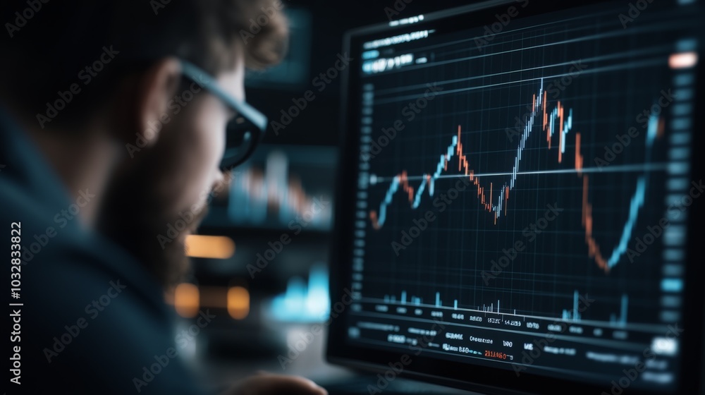 Poster a focused individual analyzes financial data on a computer screen displaying intricate market graphs