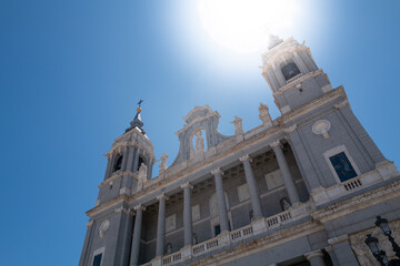 Catedral de Santa María la Real de la Almudena in Madrid with bright sunlight