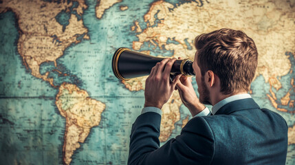 A businessman looks through a telescope, seeing the world map. He's searching for new business opportunities and exploring ways to work abroad.