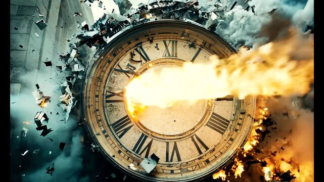 Exploding Clock Face with Flying Debris