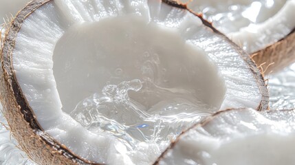 Exquisite Close-up of Freshly Cracked Coconut Shell with White Flesh and Glistening Water - Ultra-Detailed Macro Photography