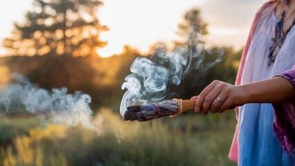Native American smudge stick burning outdoors, smoke rising in ritual