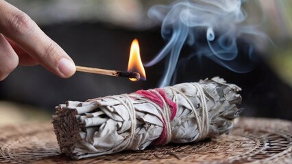 Hand lighting Native American smudge stick with match, spiritual ceremony