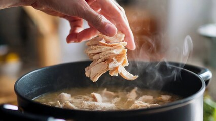Freeze-dried chicken rehydrating in hot soup, convenient healthy meal