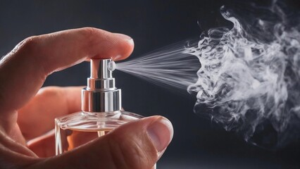 Hand spraying Pheromone perfume mist, closeup of luxury fragrance