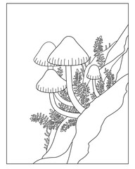 Mushrooms and moss on a tree trunk - vector linear image for coloring. Outline. Coloring page with mushrooms and plants