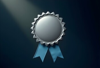 blank silver badge with a blue ribbon isolated on a dark background create with ai