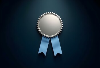 blank silver badge with a blue ribbon isolated on a dark background with a spotlight illuminating the badge create with ai